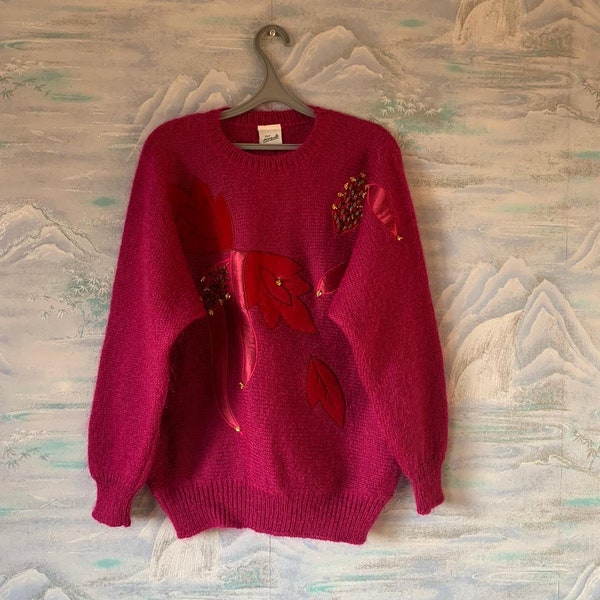 Raspberry Knitted Mohair Sweater 90's Women's Long Sleeves Warm Fuzzy Sweater Party Festival Large Size Wine Red Romantik Jumper