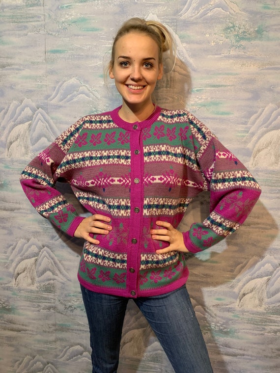 Vintage Knitted Cardigan Beige Pink Button up Womens Cardigan