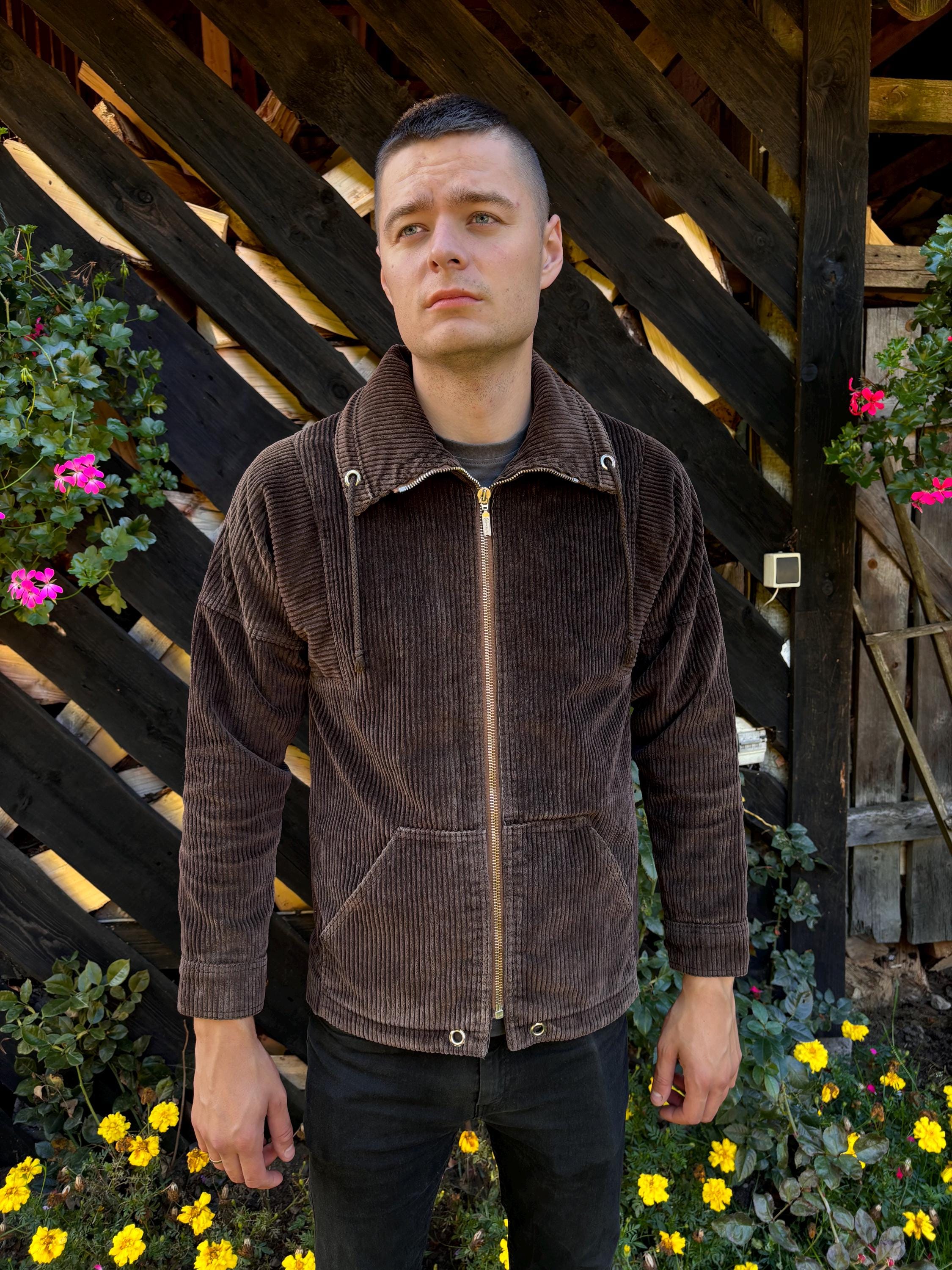 Warm Mens Corduroy Jacket Brown Stepped Corduroy Autumn Winter