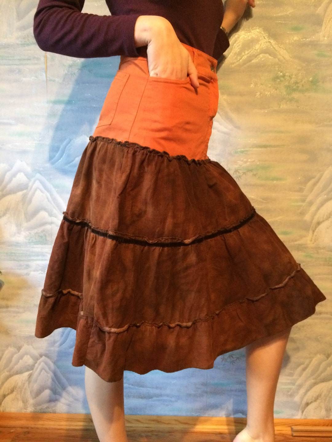 Brown Orange Midi Маxi Skirt Orange Denium Brown Corduroy - Etsy