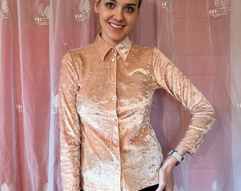 Vintage Beige Velvet Blouse Long Sleeve Velvet Top Home Velvet Sweater Medium Size Women's Velvet Top