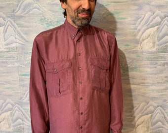 80s Men's Silk Shirt Marsala Red Hipster Singlet Long Sleeve Purple Silk Summer Shirt Button Up Festival Chemise Medium Size Shirt
