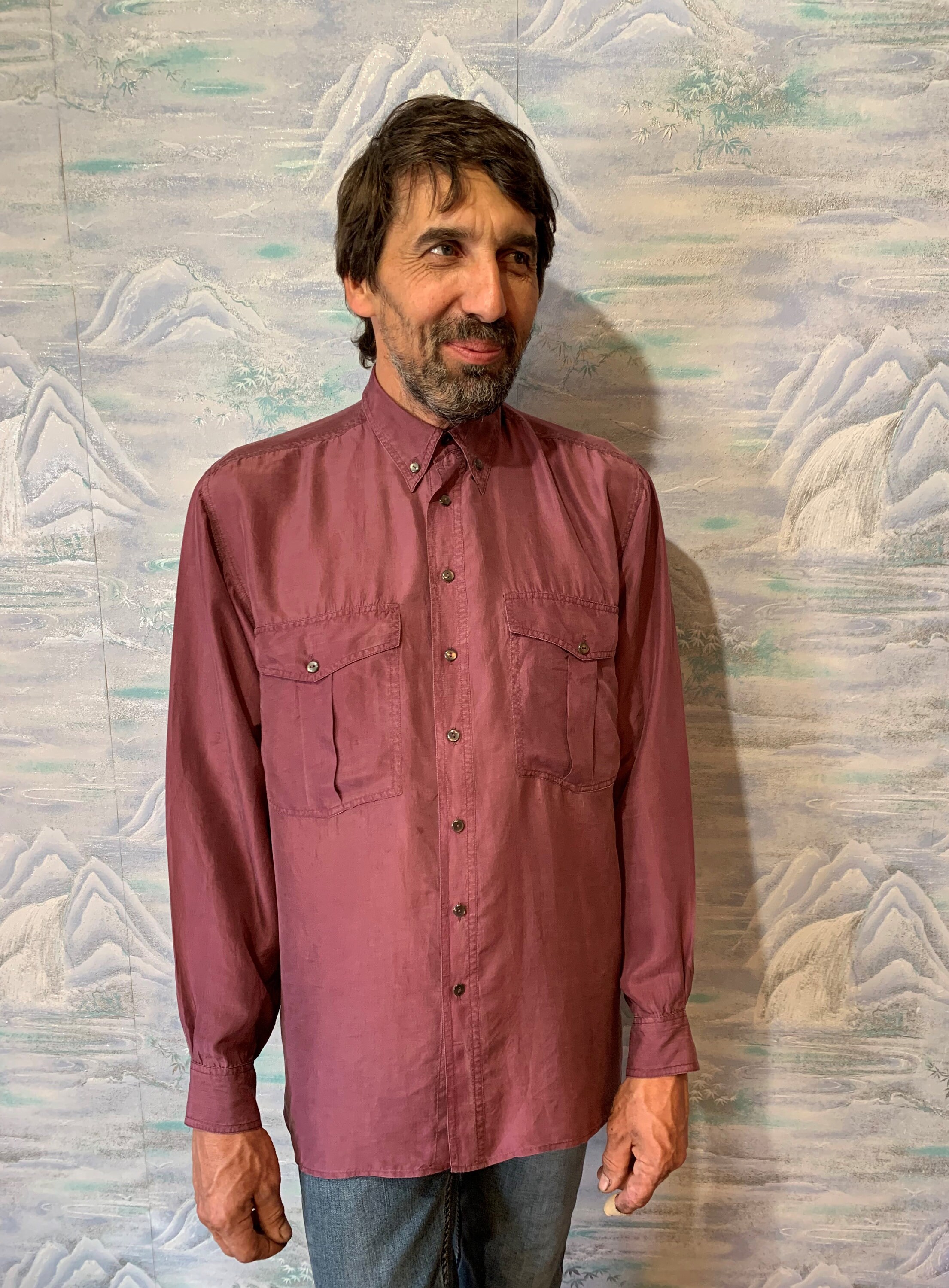 80s Men's Silk Shirt Marsala Red Hipster Singlet Long Sleeve