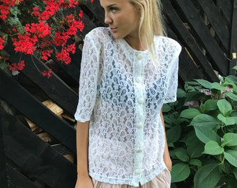 Vintage Hellblaue Spitze Bluse Sheer Boho Bluse Elegante Sommer Bluse Button Up Shirt Medium bis groß Größe