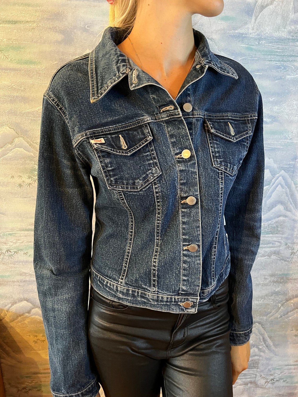 Womens Denim Jacket Button Up Blue Jeans Jacket Denim Jacket Grunge Jeans Jacket Medium to Large Size, foto 4 di 5