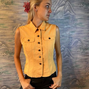 Vintage Denim Vest Orange Women Denim Vest Summer Vest Fitted Button Up Vest Sleeveless Denim Jacket Denim Vest Medium size