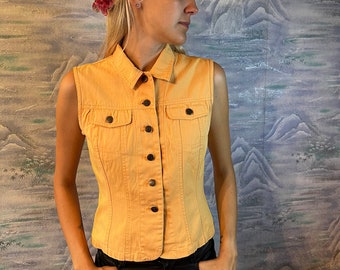 Vintage Denim Vest Orange Women Denim Vest Summer Vest Fitted Button Up Vest Sleeveless Denim Jacket Denim Vest Medium size