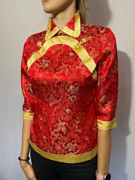 Red Cheongsam blouse Vintage Chinese Red Satin To… - image 4