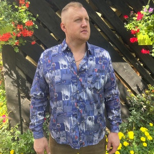 80s Men&#39;s Silk Shirt Blue Abstract Print Hipster Long Sleeve Silk Summer Shirt Button Up Festival Chemise Extra Large Size Shirt