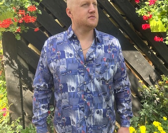 80s Men's Silk Shirt Blue Abstract Print Hipster Long Sleeve Silk Summer Shirt Button Up Festival Chemise Extra Large Size Shirt