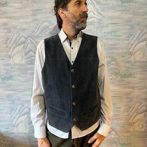 Genuine Leather Grey Suede Vest Dark Leather Vest Gentleman&#39;s Large to Extra Large Size Waistcoat Suede Vest Biker Mens Pushbuttons Vest