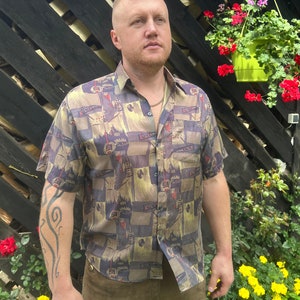 Vintage Mens Silk T-Shirt Short Sleeve Shirt with  Bohemian Summer Shirt Size Extra Large Comfortable Silk Summer Shirt