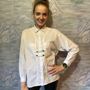 Vintage Chemise autrichienne Femmes Coton Dirndl Blouse Manches Longues Chemise Folk Traditionnel Bavarois Taille Eur 38/Medium