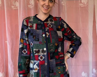 May include: A long-sleeved patchwork jacket with a button-up front. The jacket features a variety of colors and patterns, including red, blue, green, and white. The fabric is a soft, fuzzy material.