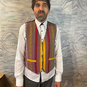 Vintage Cotton Mens Vest Ethnic Print Mens Summer Vest Striped Vest Festival Waistcoat Button Down Waistcoat Size Medium and Large Size
