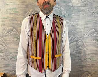 Vintage Cotton Mens Vest Ethnic Print Mens Summer Vest Striped Vest Festival Waistcoat Button Down Waistcoat Size Medium and Large Size