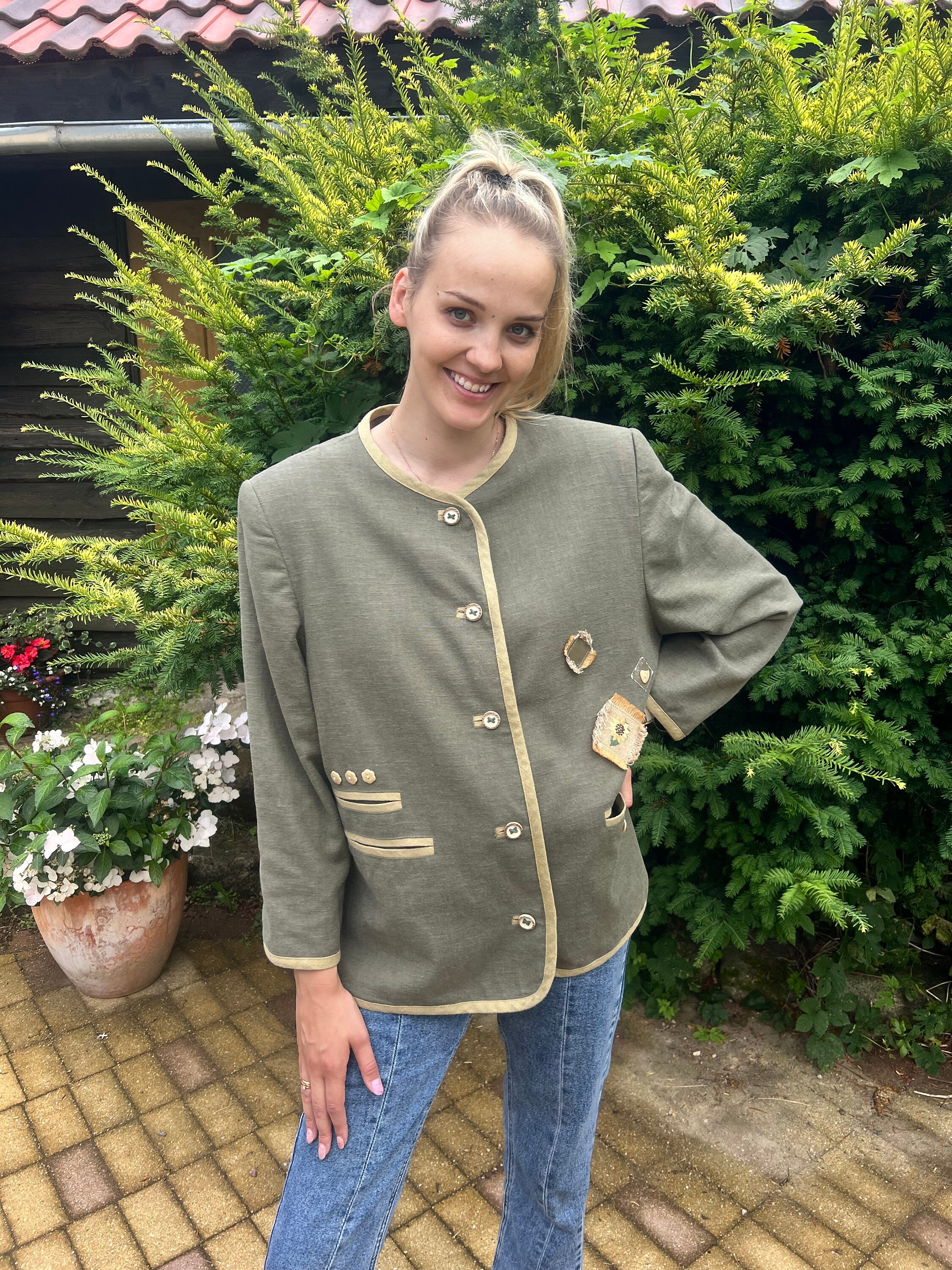 Linen Cotton Dirndl Beige Jacket Women German Loden Trachten