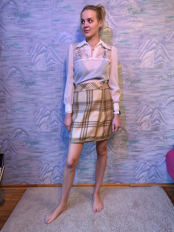 Wool Plaid Wrap Skirt Mini Pencil Skirt Checkered… - image 6