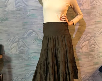 Vintage Khaki  Midi Skirt Moss Green Ruffle Skirt Hight Waist Skirt Medium Size Skirt Boho Bohemian Skirt