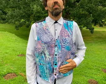 Vintage Colored Men Summer Vest Festival Waistcoat Button Down Fitted Waistcoat Size Large Patterned Vest