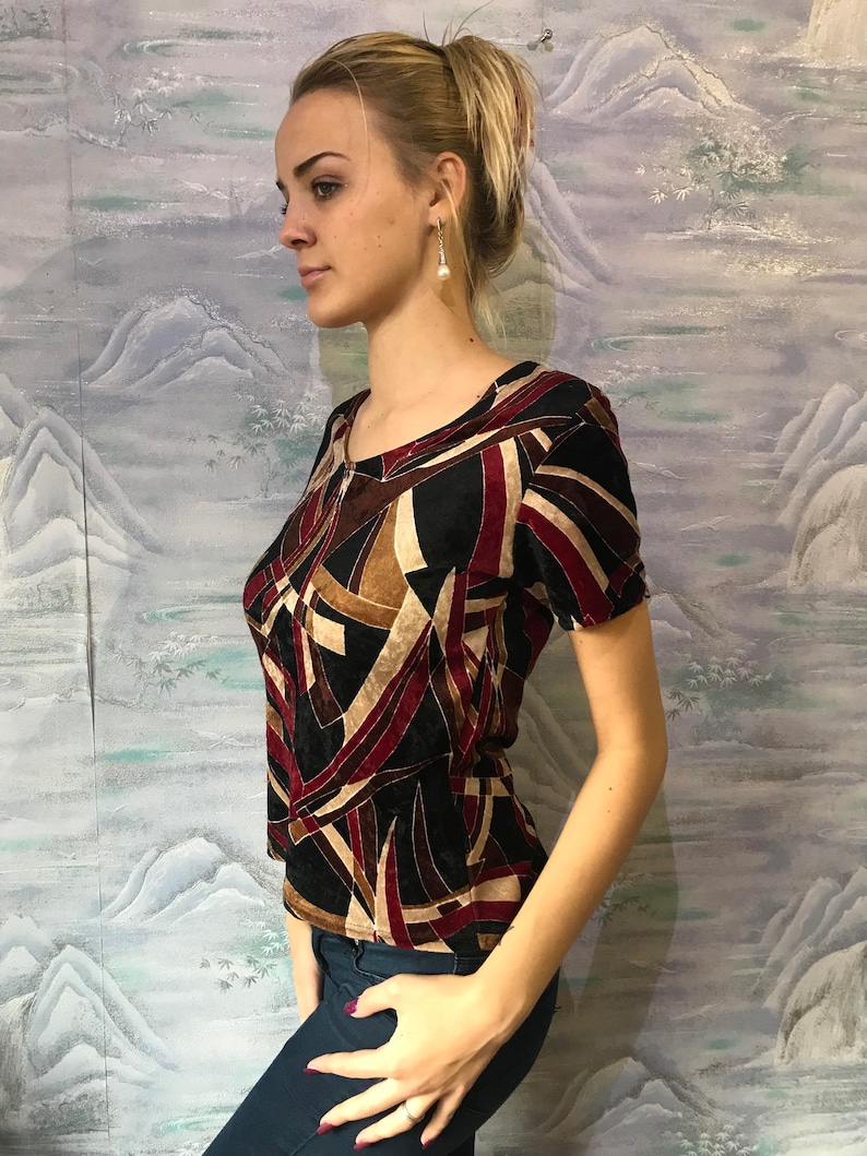 Vintage Women Velvet Top Short Sleeve Blouse Dark Color Abstract Velvet Skirt Medium Size