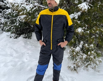 Vintage Unisex skipak donker met geel eendelig winter skipak retro sneeuwpak hipster winterkleding sport jumpsuit skipak maat klein