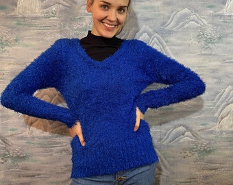 90s Blue Fuzzy Sweater Fringe Fuzzy Knitted Jumper Medium Size Hipster Sweater Vintage Pullover Club Kid Puffy Sweater