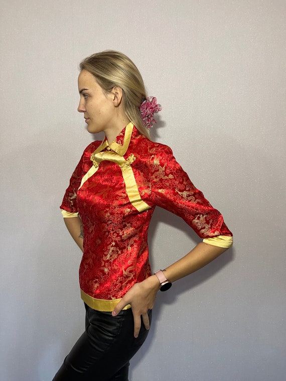 Red Cheongsam blouse Vintage Chinese Red Satin To… - image 2
