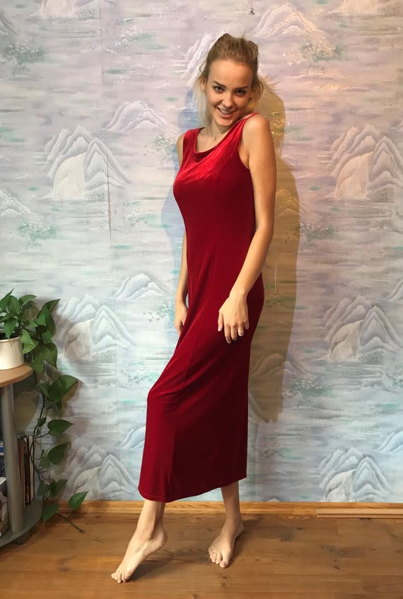 Red Velvet Dress Maroon dress Velvet Midi dress V… - image 2