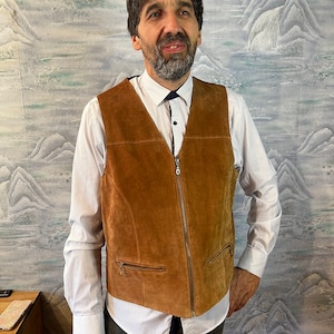 Vintage Mens Zippered Genuine Leather Vest Brown Leather Gentleman&#39;s Waistcoat Western Biker Rocker Waistcoat Size L/XL Brown Vest