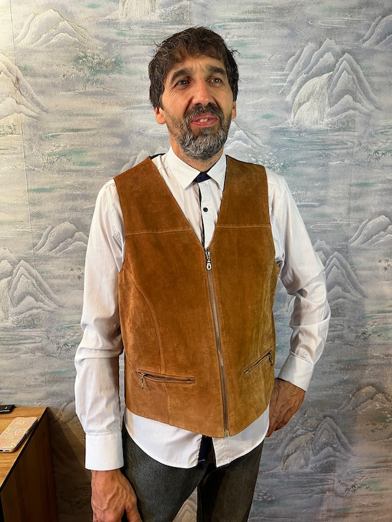 Gilet Vintage Homme En Cuir Véritable COOPER - Marron - Taille S USA - Occasion Très Bon état