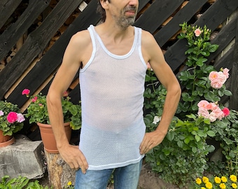 Mens See Through Top Ivory White Sheer Shirt Fishnet Shirt Stretchy Mens Festival Shirt Size Medium to Large