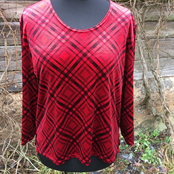 Red Velvet Blouse Cherry Red Velvet Checkered Top Boho Gypsy Blouse Long Sleeve Top Fitted Velvet Top Elastic Velvet Blouse Large Size