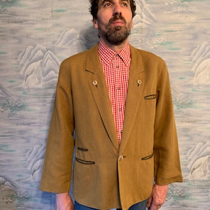 Classic Austrian Mustard Brown Bawarian Trachten Mens Jacket Alpen German Jacket Trachten Linen Traditional Bavarian Jacket Size Large