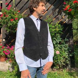 Genuine Suede Vest Black Real Leather Vest Gentleman&#39;s Large Size Waistcoat Dark Suede Mens Vest Biker Mens Vest button up Vest