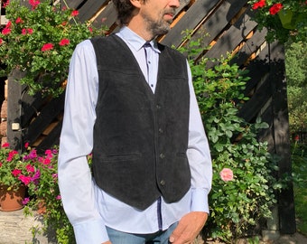 Genuine Suede Vest Black Real Leather Vest Gentleman's Large Size Waistcoat Dark Suede Mens Vest Biker Mens Vest button up Vest