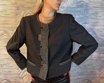 Cropped Wool Dirndl Jacket: German Loden Trachten Cardigan, Bavarian Tyrolean Blazer (Size L)