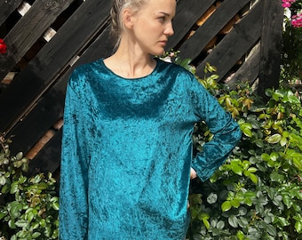 Vintage Smaragd Green Velvet Blouse Long Sleeve Velvet Top Green Velvet Large Size Women's Velvet Top Comfortable Velour Sweater