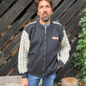 Norwegian Jacket Gray Ivory White Wool Cardigan Vintage Wool Jacket Cardigan with Zipper Warm Winter Jacket Scandia Sweater Size Large