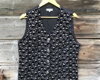 Vintage Black Velvet Vest, White Imprint, Silver Knot Buttons, Medium