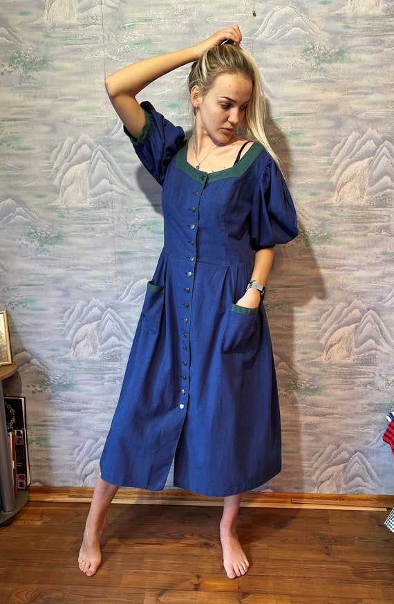 Dark Blue Linen Cotton Dirndl Dress German Austria