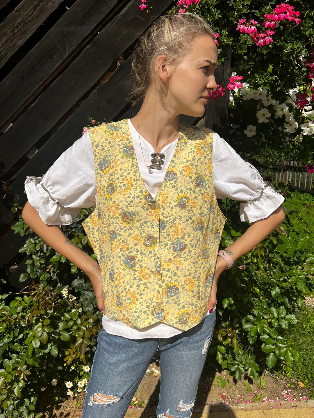 Vintage Pale Yellow Floral Print Womens Vest Colored Floral