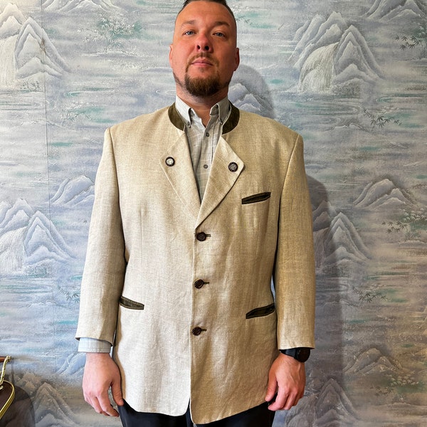 Vintage Mens Loden Jacket Beige Leinen Traditional Folk Austrian Blazer Bavarian Tyrolean Jacket Extra Large Size Dirndl Jacket