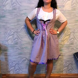 May include: A traditional dirndl dress with a white blouse and a checkered brown and white bodice. The dress features a purple ribbon corset, purple trim, and a black lace neckline. The outfit is a classic representation of Bavarian attire.