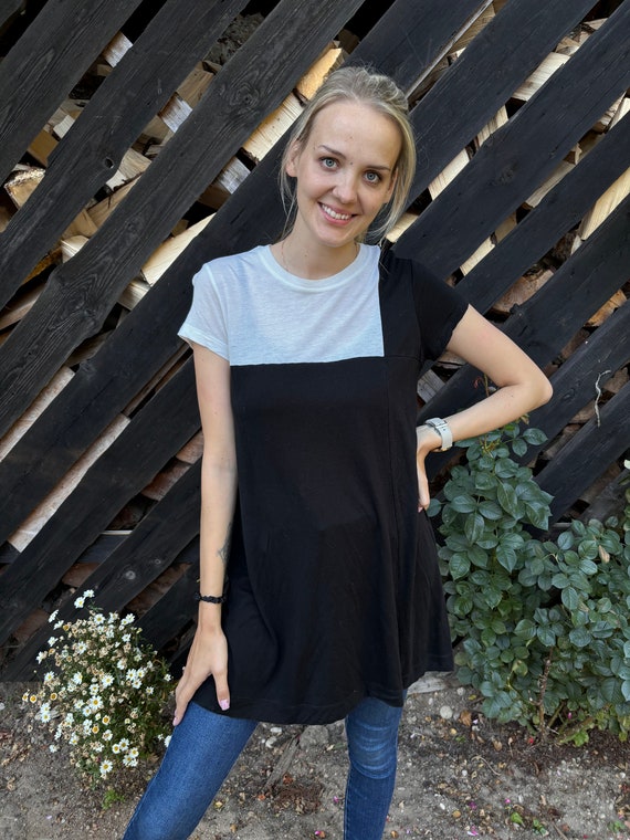 MARIMEKKO Black White Womens Long Comfortable Shirt Short Sleeve Top Vintage Cotton Jersey Sweater Medium to Large Size Comfortable Shirt