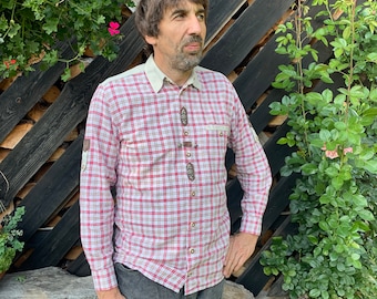 German Trachten Shirt White Red Cotton Button-Down Octoberfest Shirt German Trachten Austrian Alpen Oktoberfest Bavarian Small Size