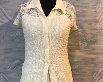 White Lace Blouse Collared Blouse Short Sleeve Top Buttons Up Blouse Sheer Blouse Shirt Large to Extra Large Size