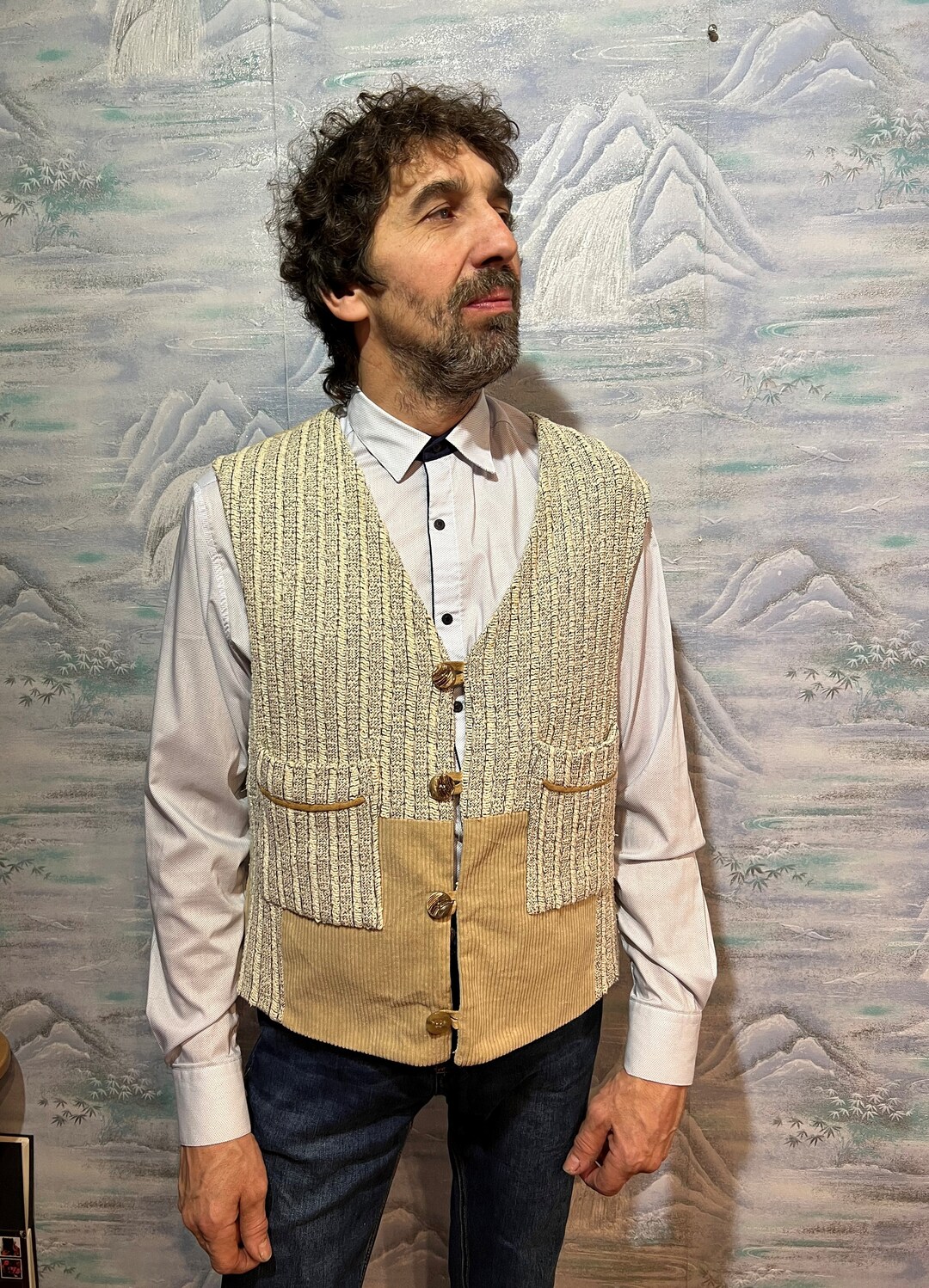 Vintage Corduroy Fabric Mens Vest Beige Wool Cotton Vest Mens Elegant