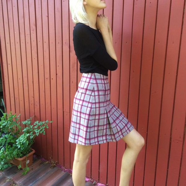 Tartan Plaid Pleated Mini Skirt/ Purple Beige Checkered Skirt/A-line skirt Back to School Size Medium
