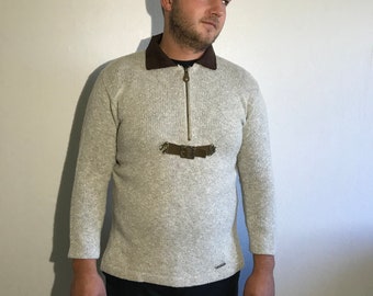 Ivory white Tyrol sweater Wool Blend German Traditional Bawarian Pullover Half Zip Warm OversizedAustria Tyrolean Octoberfest Small Size